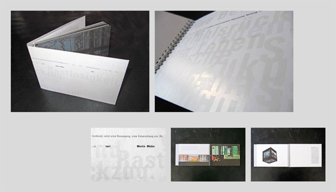 
							Dokumentation eines Künstlerischen Projekts
							Spiralgebundene Broschüre mit mehrfachen Ausklappern innen und außen
							Konzept und Gestaltung: Lutz Krause und Martin Mäder 
							